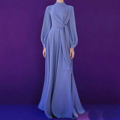 Vintage Blue Lantern Sleeve Pleated Maxi Dress