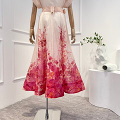 Top Quality Linen Silk Pink Floral Printing Midi Dress