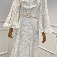 Vintage Graceful White Lace Hook Flower Hollow with Blet Dress