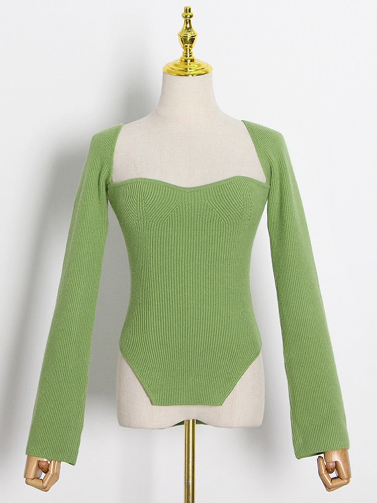 Square Collar Long Sleeve Skinny Solid Knitting Pullover