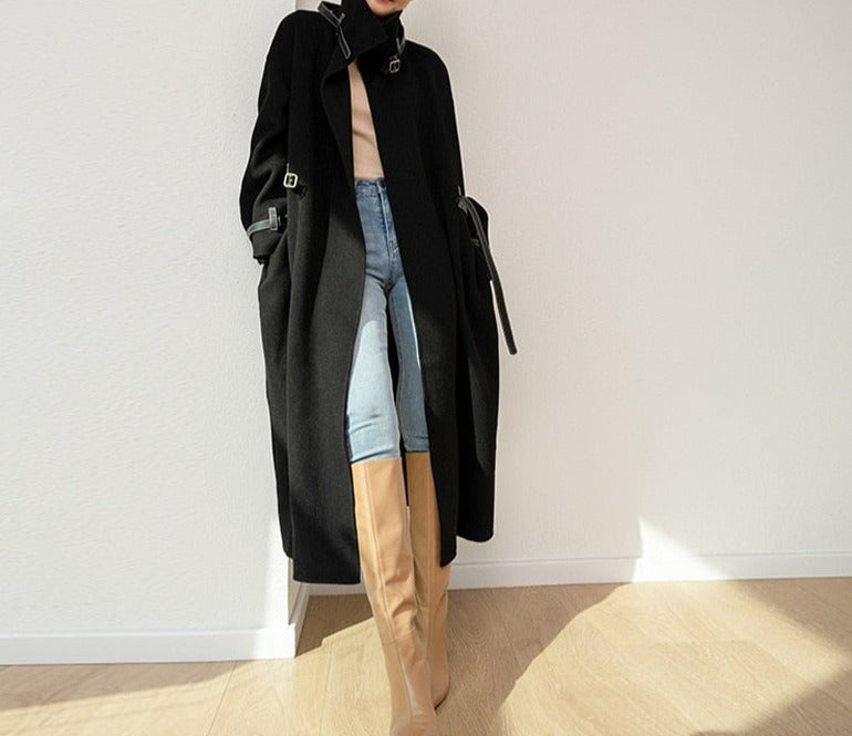 New Leather Belt Double-Sided Woolen Trench Coat