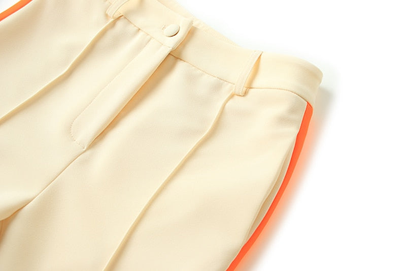 Contrast Color Single Button Jacket Flared Pants 2 Pieces Sets