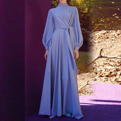 Vintage Blue Lantern Sleeve Pleated Maxi Dress