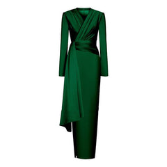 Elegant Midi Pleated Solid V Neck Long Sleeve Evening Party Dress