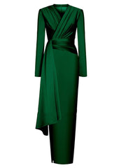 Elegant Midi Pleated Solid V Neck Long Sleeve Evening Party Dress