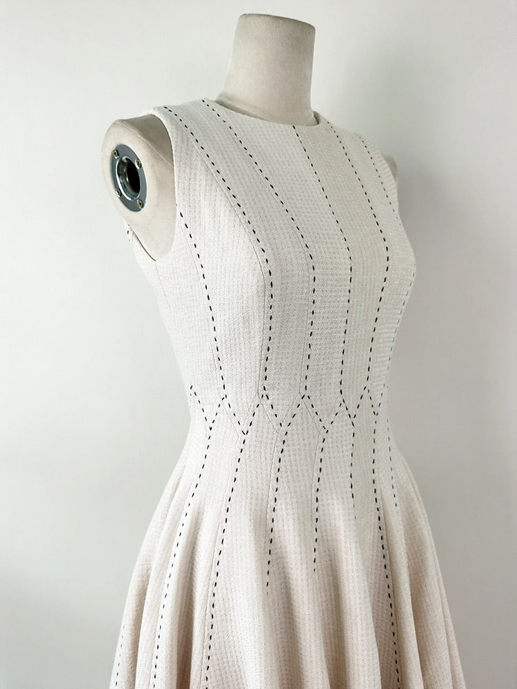 Elegant Slim Fit O-neck Topstitch Striped Sleeveless Woolen Vests Dress