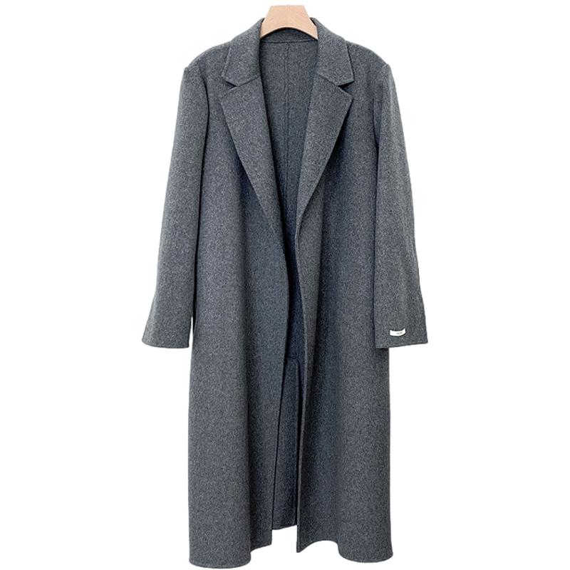 Elegant Maxi Long Wool Plain Belt Double-face Jacket