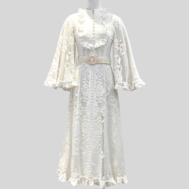 Vintage Graceful White Lace Hook Flower Hollow with Blet Dress
