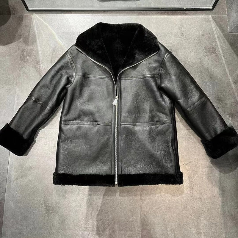Sheepskin And Fur Long Sleeves Leather Jacket