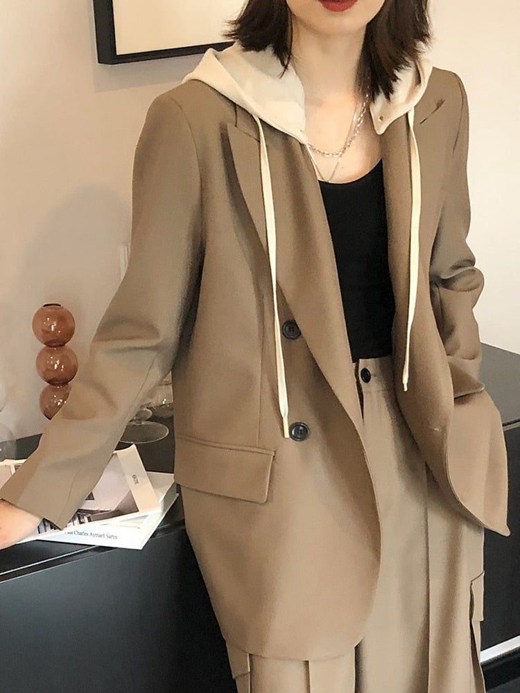 Notched Collar Long Sleeve Patchwork Hooded Collar Long Sleeve Blazer