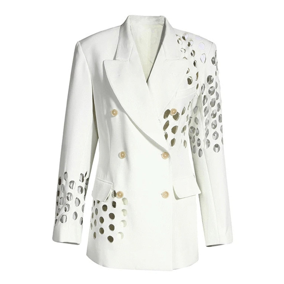 Notched Collar Hollow Out Double-Breasted Solid Color Blazer