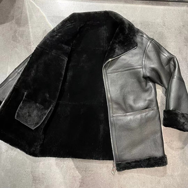 Sheepskin And Fur Long Sleeves Leather Jacket