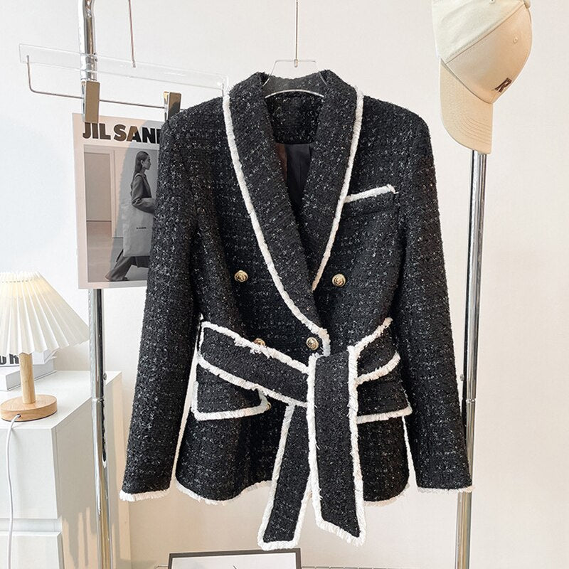 Elegant Warm Thick Fabric Woven Tweed Casual Bodycon Jacket with Belt