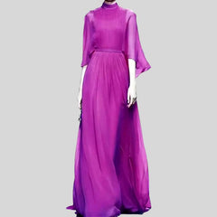 Runway Long Flare Sleeve High Waist Draped Big Swing Solid Print Dress