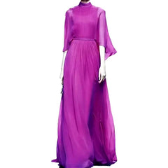 Runway Long Flare Sleeve High Waist Draped Big Swing Solid Print Dress