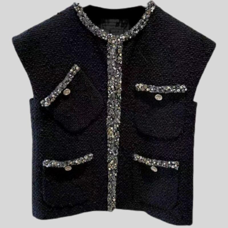 Vintage O-neck Sleeveless Tweed Vest