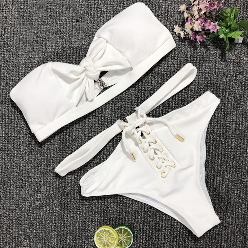 Solid Top Push-Up High Waist Swimsuit