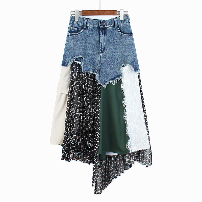 Vintage Woolen Denim with Irregular Personality Stitching A-line Skirt