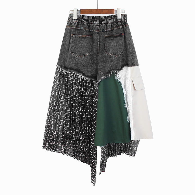 Vintage Woolen Denim with Irregular Personality Stitching A-line Skirt