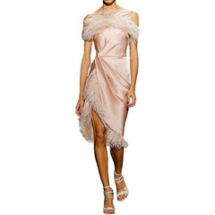 Slash Neck Solid Color Sleeveless Irregular Ostrich Feather Dress