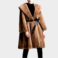 Genuine Mink Long Style with Leather Belt  Fur Coat