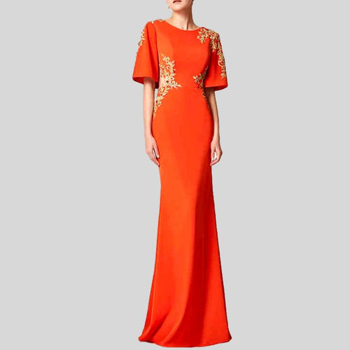 Flowers Gold Wire Embroidery  Backless Short Sleeve Floor-Length Dress