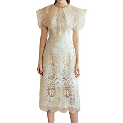 Short Sleeve Lace Mesh Long White Party Dress