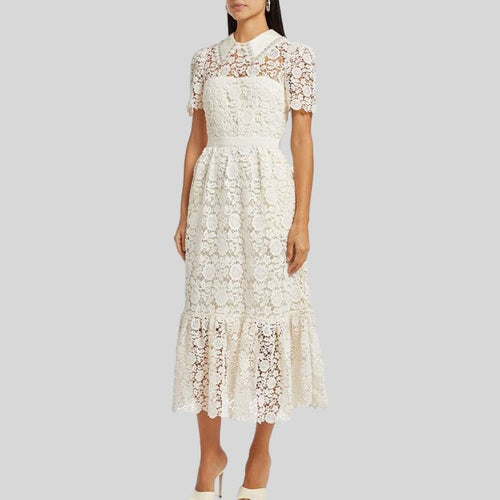 Vintage Embroidery Lace Hollow Out White Color Dress