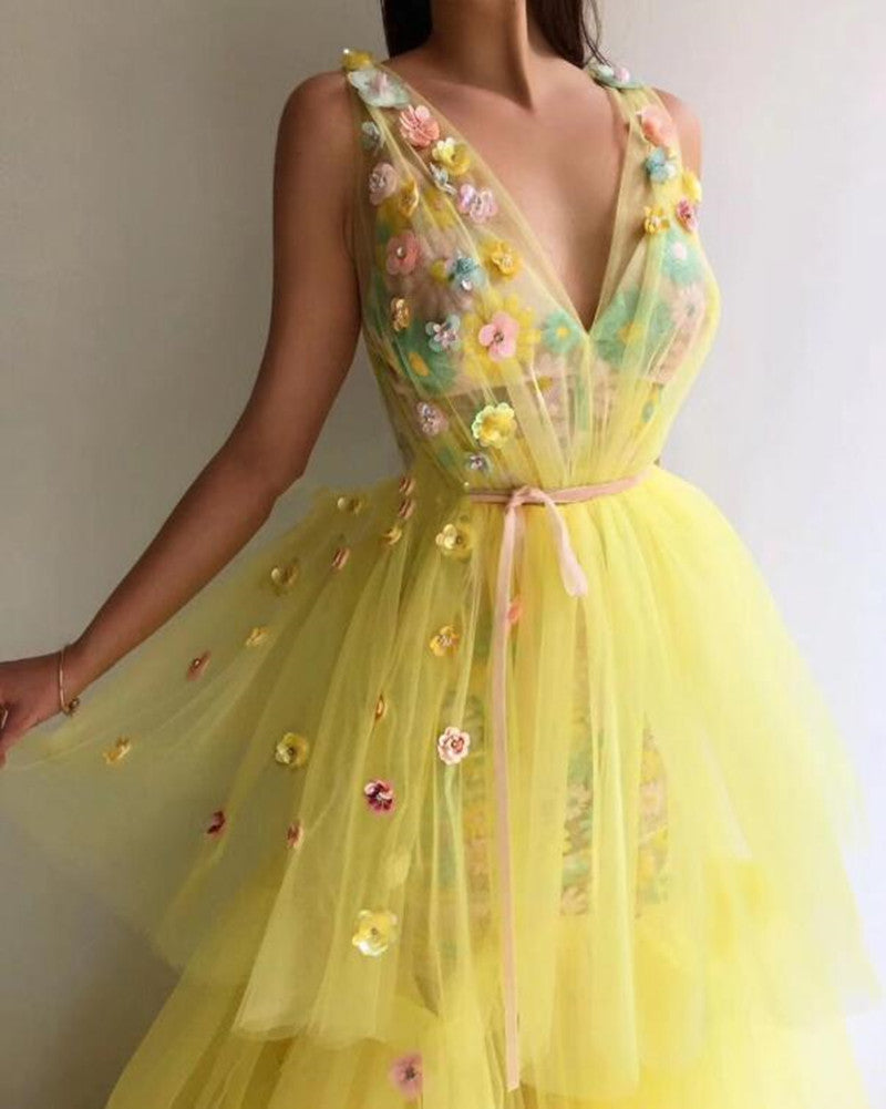 Yellow Sheer Applique lace Evening  3D flowers Tiered Tulle Ruffle Dress