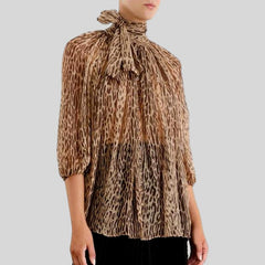 Vintage Leopard Satin Bowknot Stand Collar Puff Sleeve Top