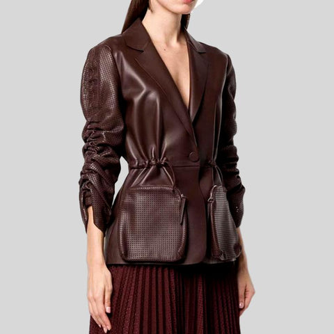 Luxury Long Real Leather Full Sleeve Double Breasted Coat