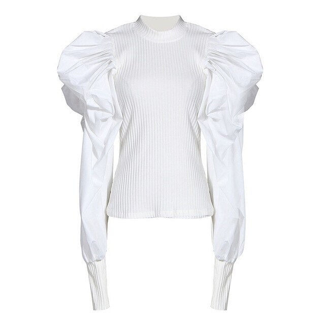 White Patchwork Knitted Ruched Women' Sweater O Neck Puff Sleeve Pullover Female Streetwear Autumn Fashion New 2019