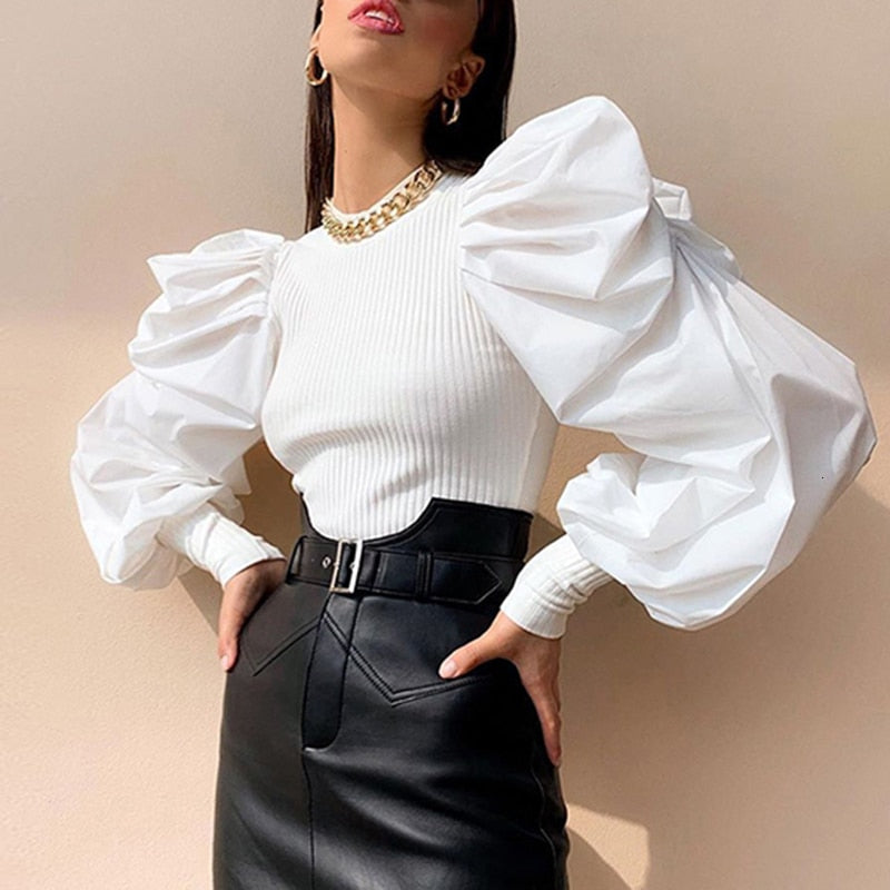 White Patchwork Knitted Ruched Women' Sweater O Neck Puff Sleeve Pullover Female Streetwear Autumn Fashion New 2019