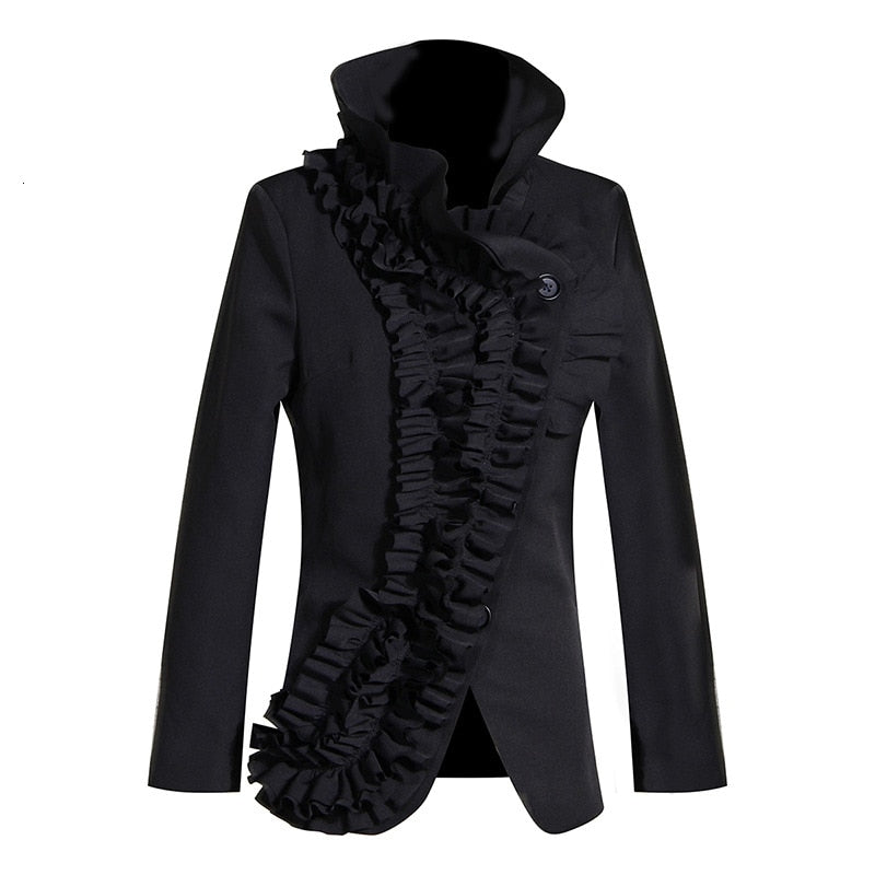 Elegant Asymmetrical Ruffles  Stand Collar Long Sleeve Slim Jacket