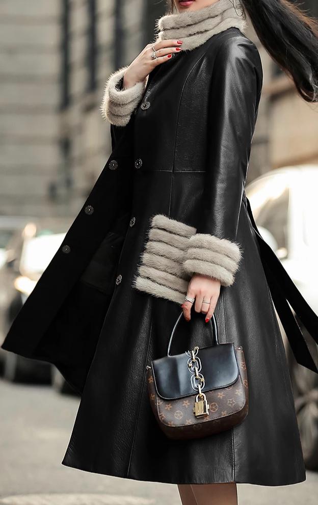 Genuine Leather Mink Fur Collar Down Long Windbreaker Jacket