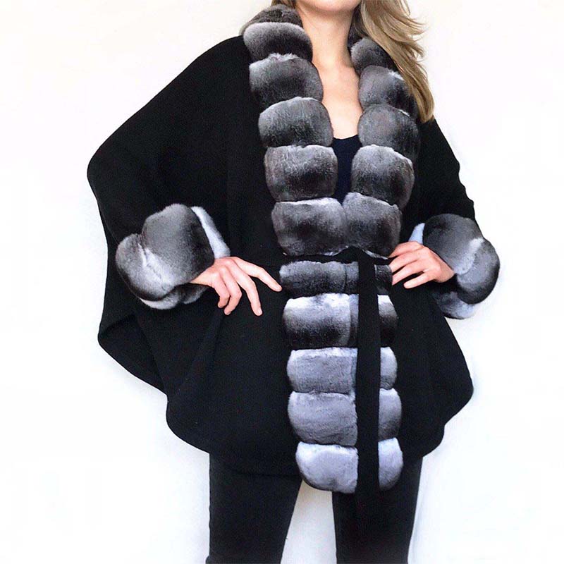 Genuine Rex Rabbit Fur Woolen  100% Genuine Cashmere Overcoat Chinchilla Color Jacket