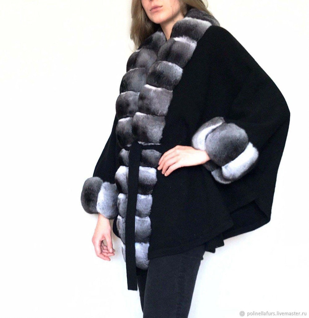 Genuine Rex Rabbit Fur Woolen  100% Genuine Cashmere Overcoat Chinchilla Color Jacket