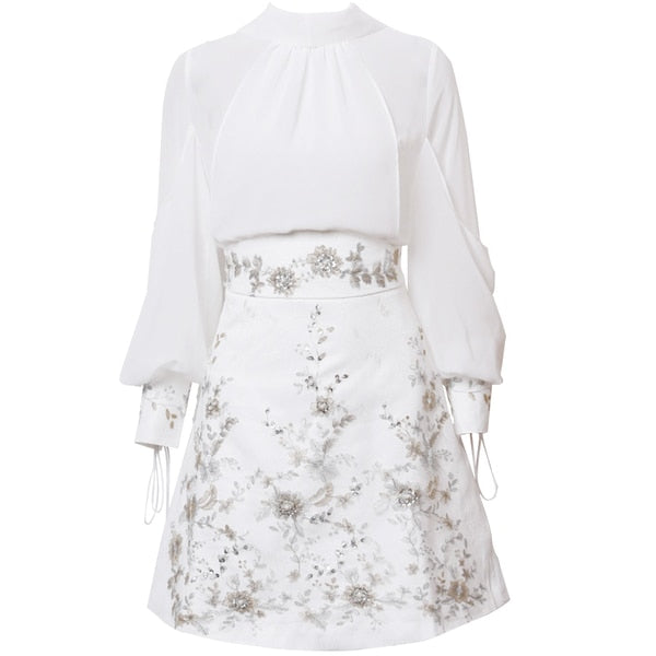 Runway Chiffon Stand Collar White Bow Shirt + Vintage Embroidery A Line Set