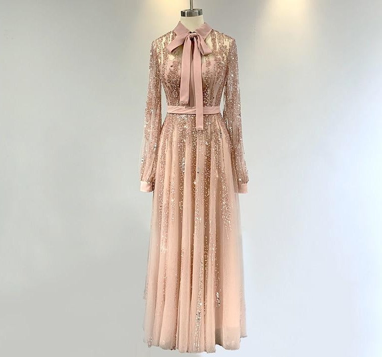 Nude Pink High Neck Beading Long Sleeves with Belt Floor Length Prom Dresses