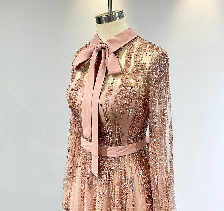 Nude Pink High Neck Beading Long Sleeves with Belt Floor Length Prom Dresses