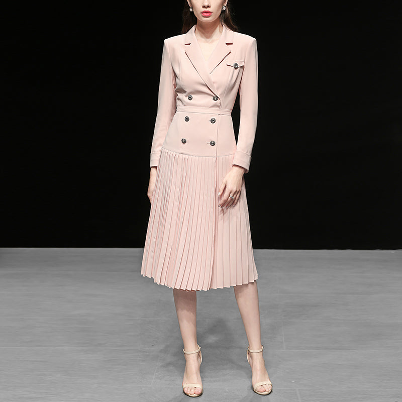 Runway  Slim Pleated Turn-down Collar Double-breasted Dress