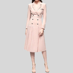 Runway  Slim Pleated Turn-down Collar Double-breasted Dress