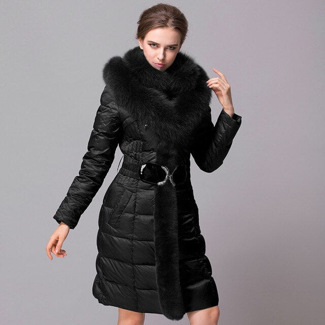 Fox Fur Collar Down Long Hooded Parka  Coat