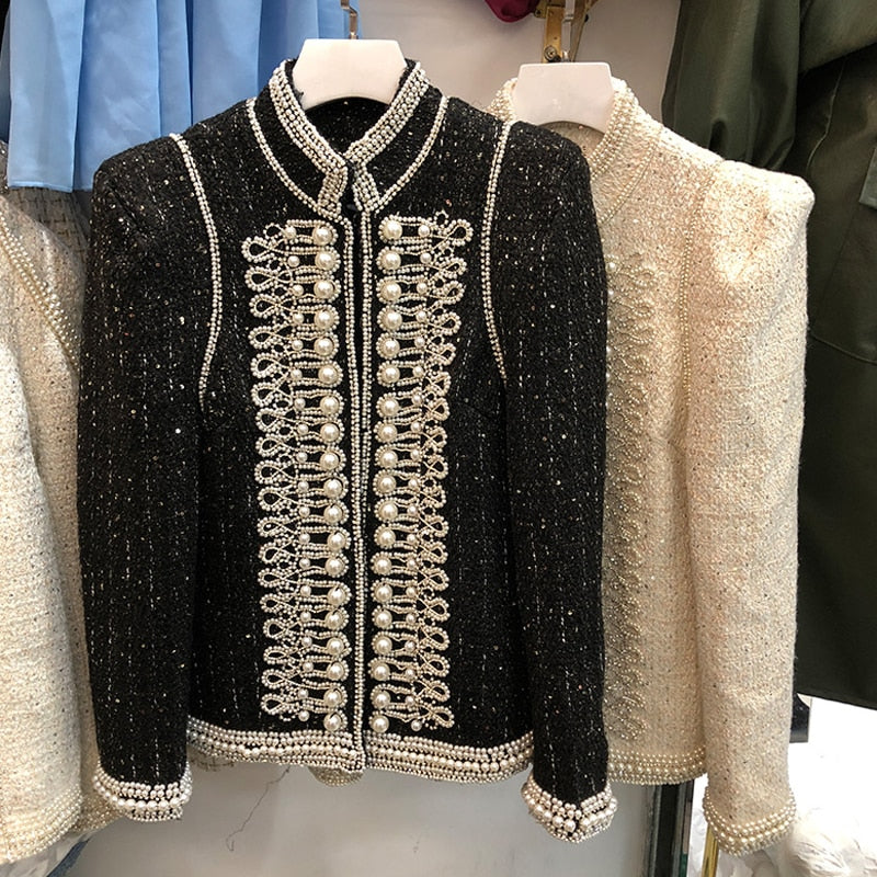 Luxury Beads Tweed Coat Long Sleeve Elegant Blazer