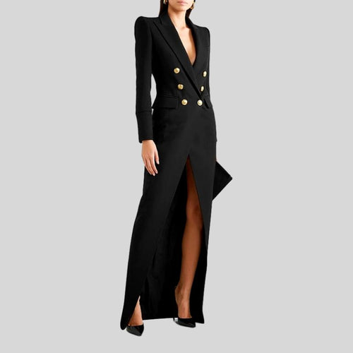 Turn-down Collar Full Sleeves Double Breasted High Waist Long Dress