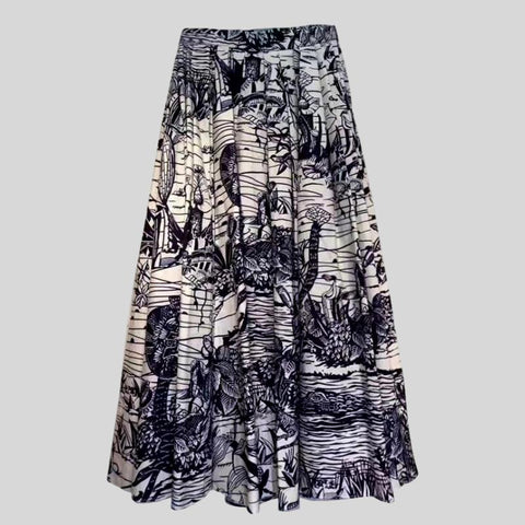 Casual  Spring  Colorful Flowers Printed Pleated Long Skirt