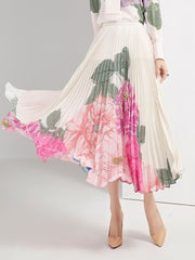 Designer Luxury 100% Silk Skirt Large Swing Floral Print Pleated Skirt and top Set
