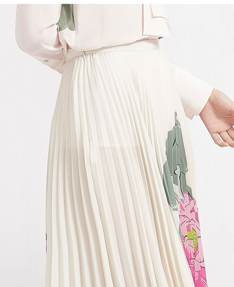Designer Luxury 100% Silk Skirt Large Swing Floral Print Pleated Skirt and top Set