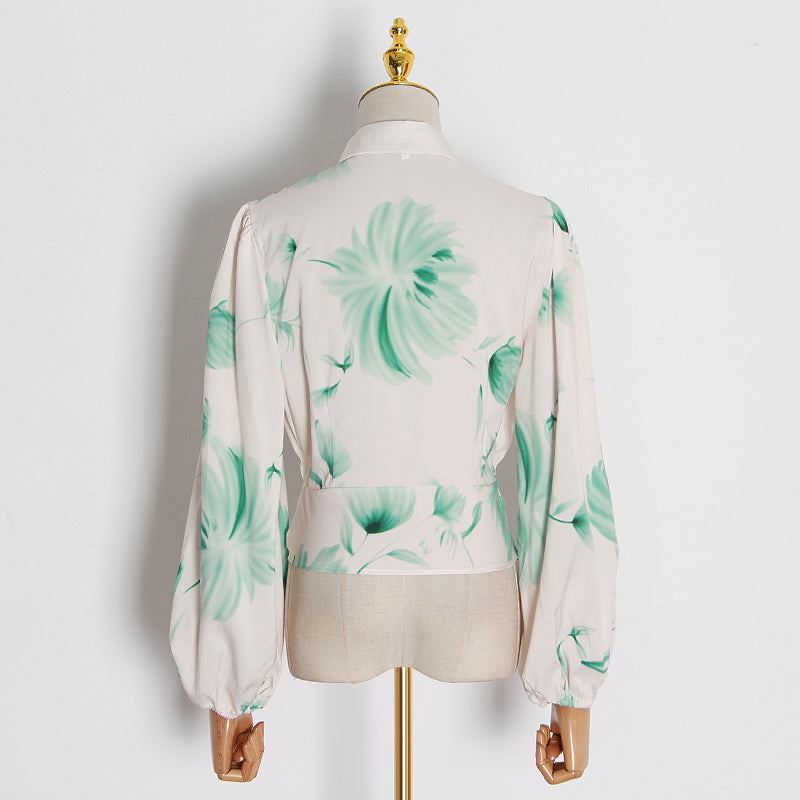 Casual Print Blouses Lapel Collar Lantern Long Sleeve Hollow Out Top