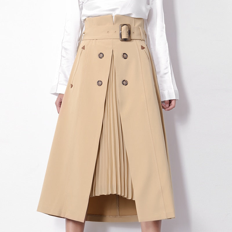 Elegant Khaki Midi High Waist Knee Length Skirt